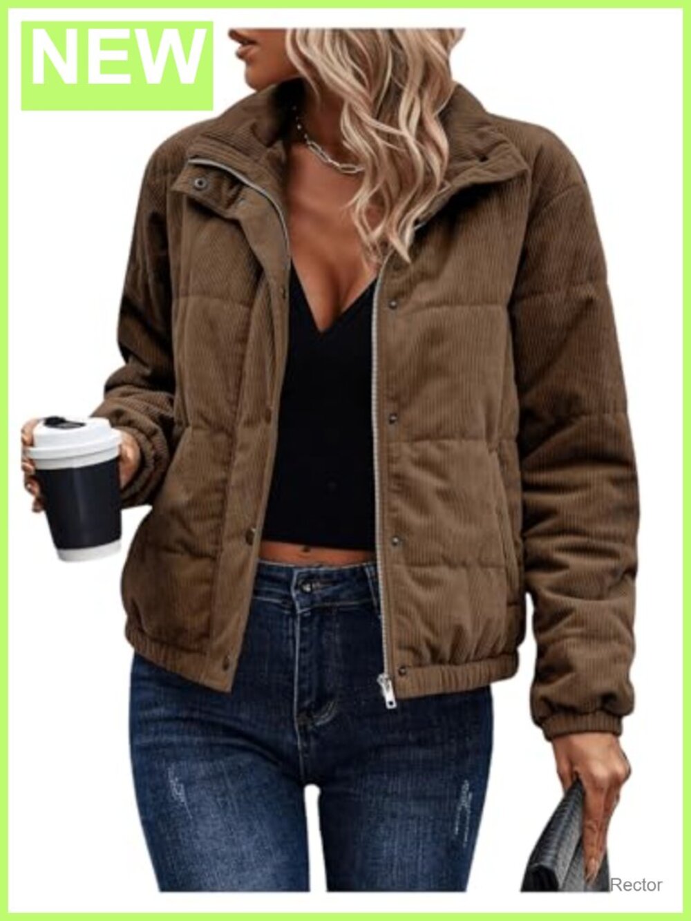 Corduroy Quilted Puffer Jacket Zip Up Padded Bomber Women's